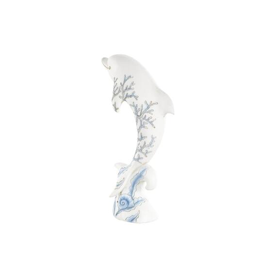12" White with Blue Coral Pattern Curved Polystone Dolphin Sculpture